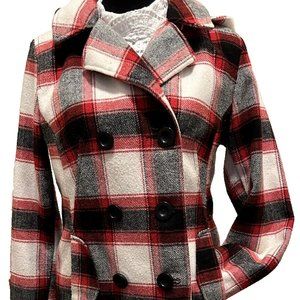 Plaid Detachable Hood Womans Jacket Double Breasted Pockets Med Faded Glory